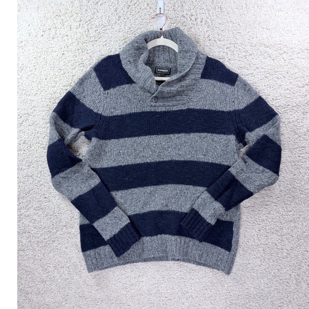 Express Henley Sweater Mens Medium Blue Grey Striped Wool Blend Mock Neck Shawl